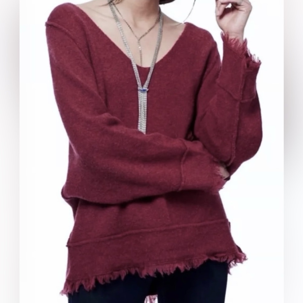 Free People V-Neck Frayed Hem Sweater - Picture 2 of 8
